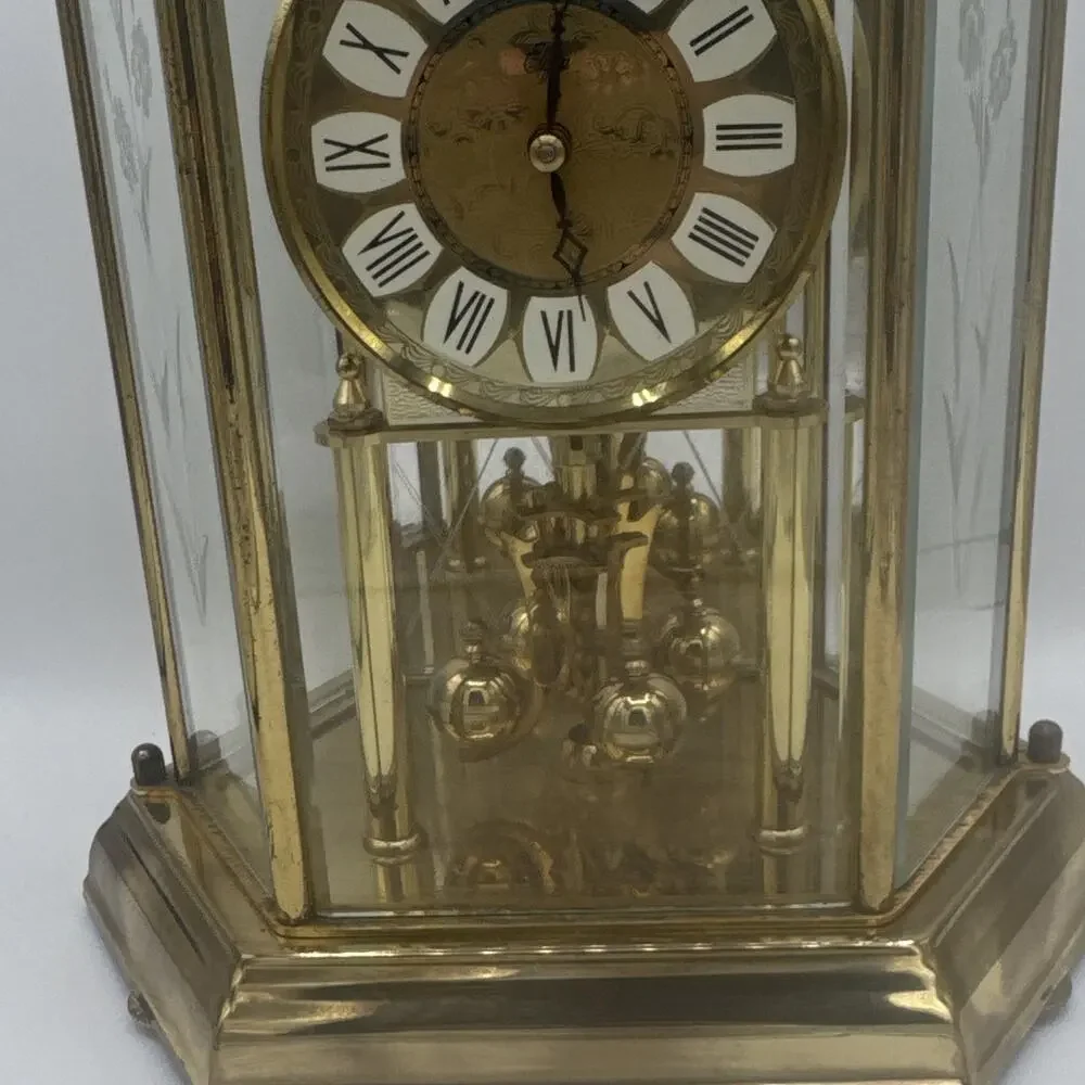 Gold Tone Anniversary Torsion Mantel Clock, Glass Dome, Roman Dial, Pendulum